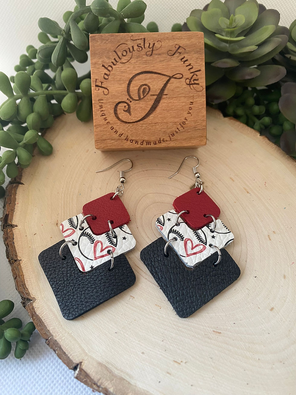 Red and Black Baseball Chevron Tri Colored Earrings