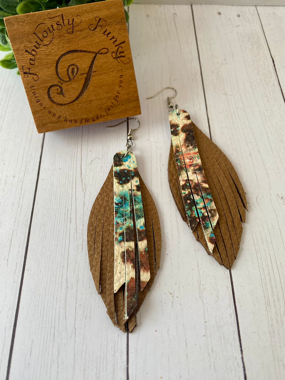 Brown and Speckled Leather Fringe Earrings