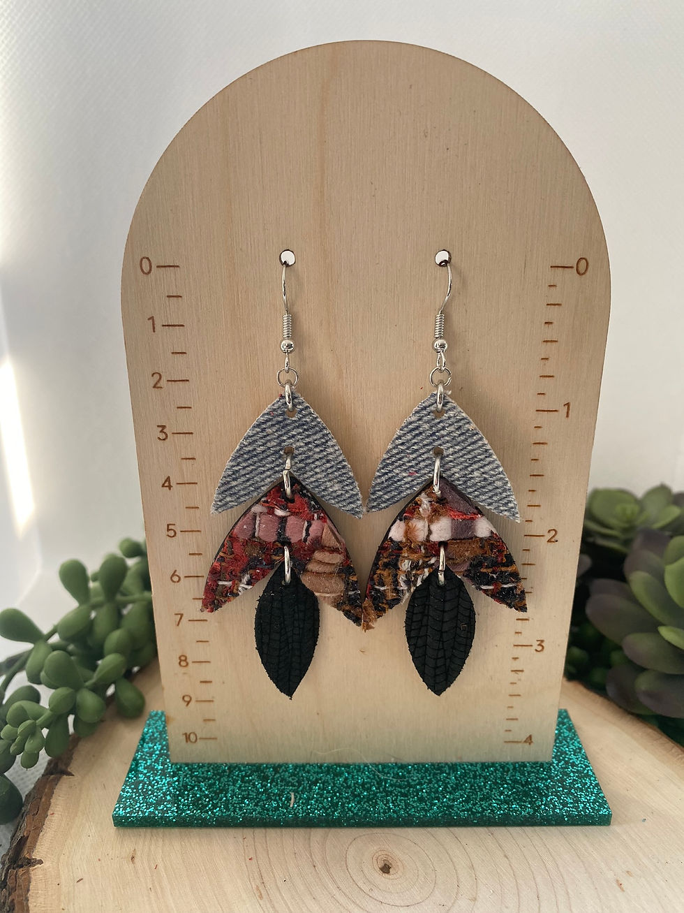 Tweed and Demin Split Petal Earrings-Black