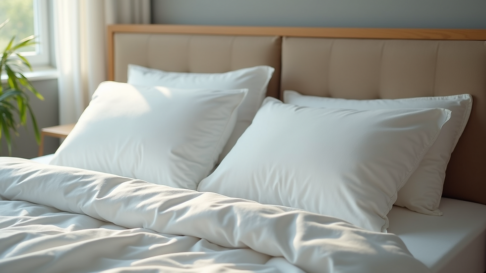 High angle view of a neatly made bed with fluffy pillows and soft linens