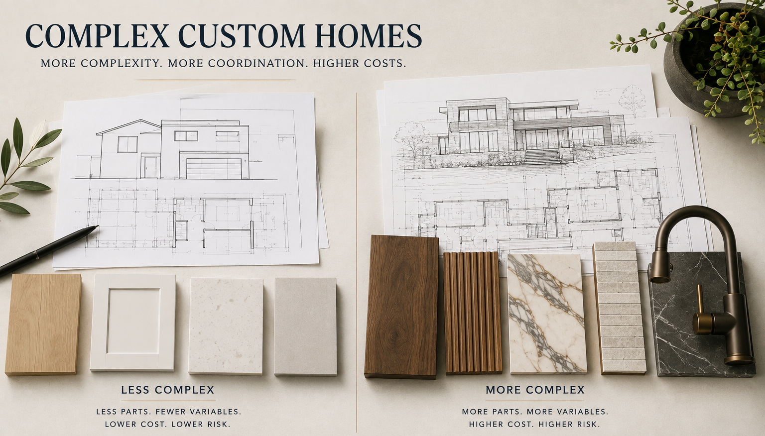 Complex custom home construction showing structural steel, glazing, and premium exterior materials that influence construction cost.