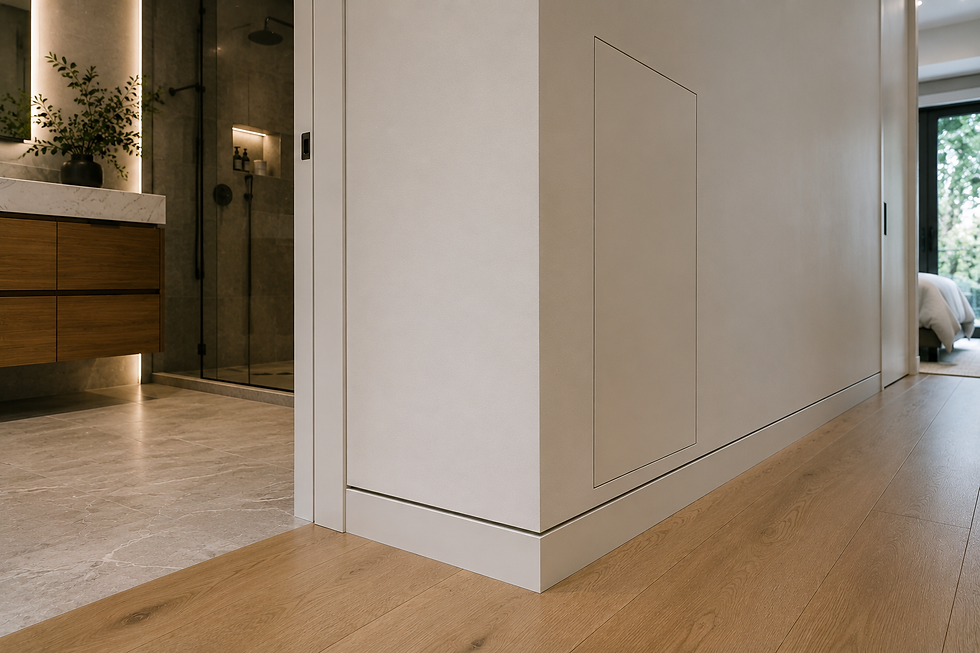 Modern Los Angeles luxury interior with continuous reglet base, trimless door casing, flush concealed service panel, wood flooring, and clean drywall finish transitions.