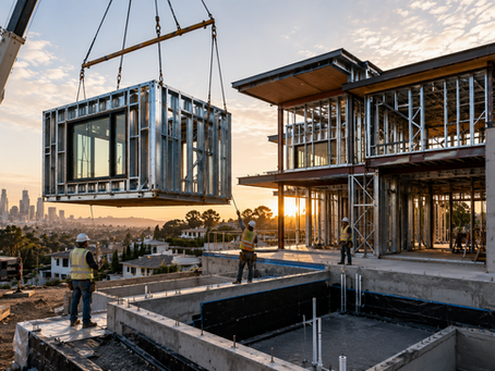 Crane setting a prefabricated steel-framed module onto a modern Los Angeles hillside home under construction, showing hybrid modular construction, site preparation, and field execution.