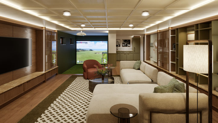 Modernes Heimkino und Family Room mit großer Sofalandschaft, Holz-Einbauschränken und integriertem Golfsimulator.