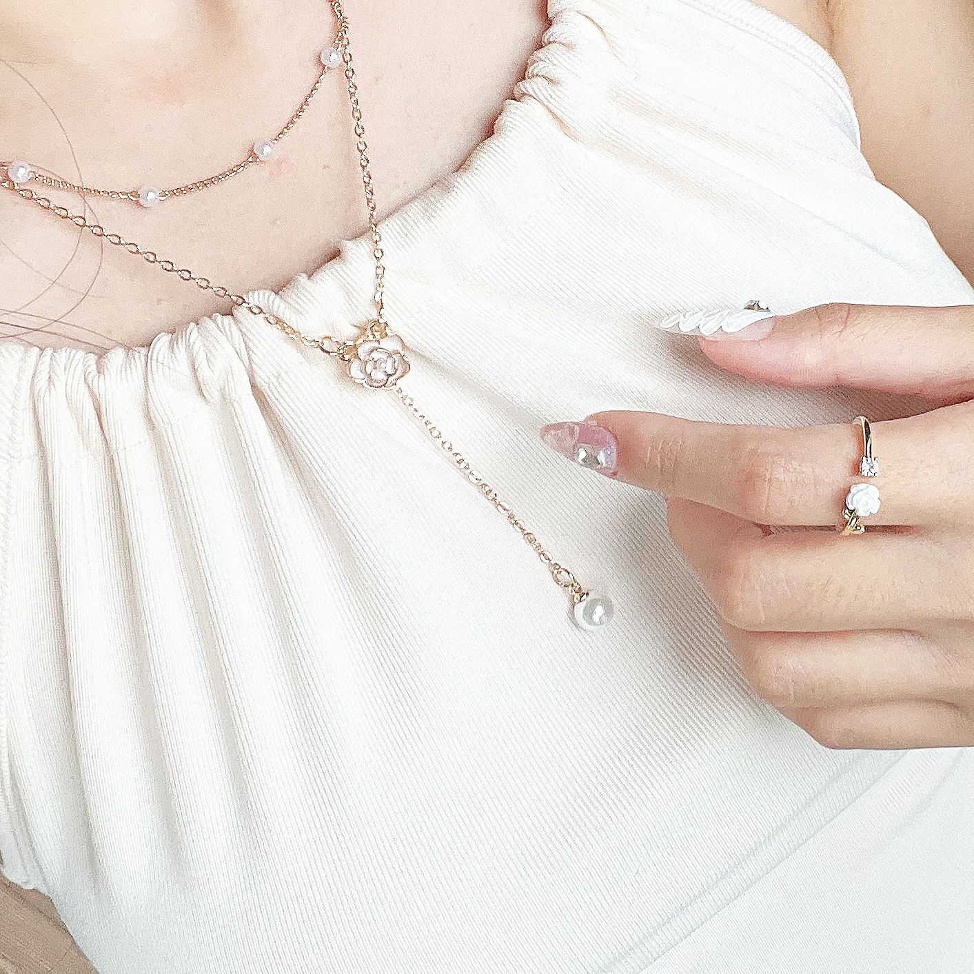 🤍山茶花系列—山茶花垂墜珍珠項鍊/戒指/耳飾