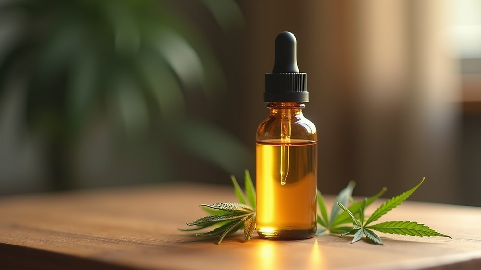 Close-up view of a bottle of CBD oil on a wooden table