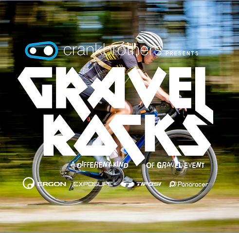 Gravel Rocks logo in white on top of an image of a cyclist speeding through the forest on a gravel bike