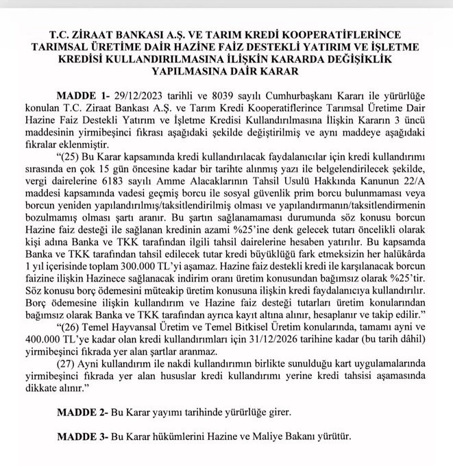 Ziraat Bankası kredilerinde yeni düzenleme: Resmi Gazete'de yayınlandı