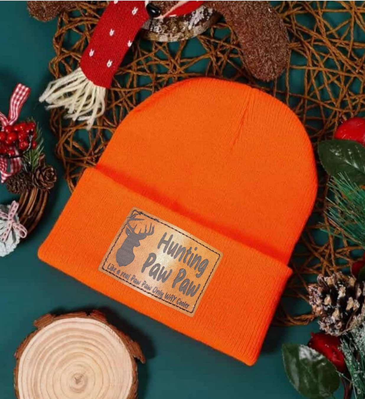 Orange Knit Hat with Personalized Leather Patch