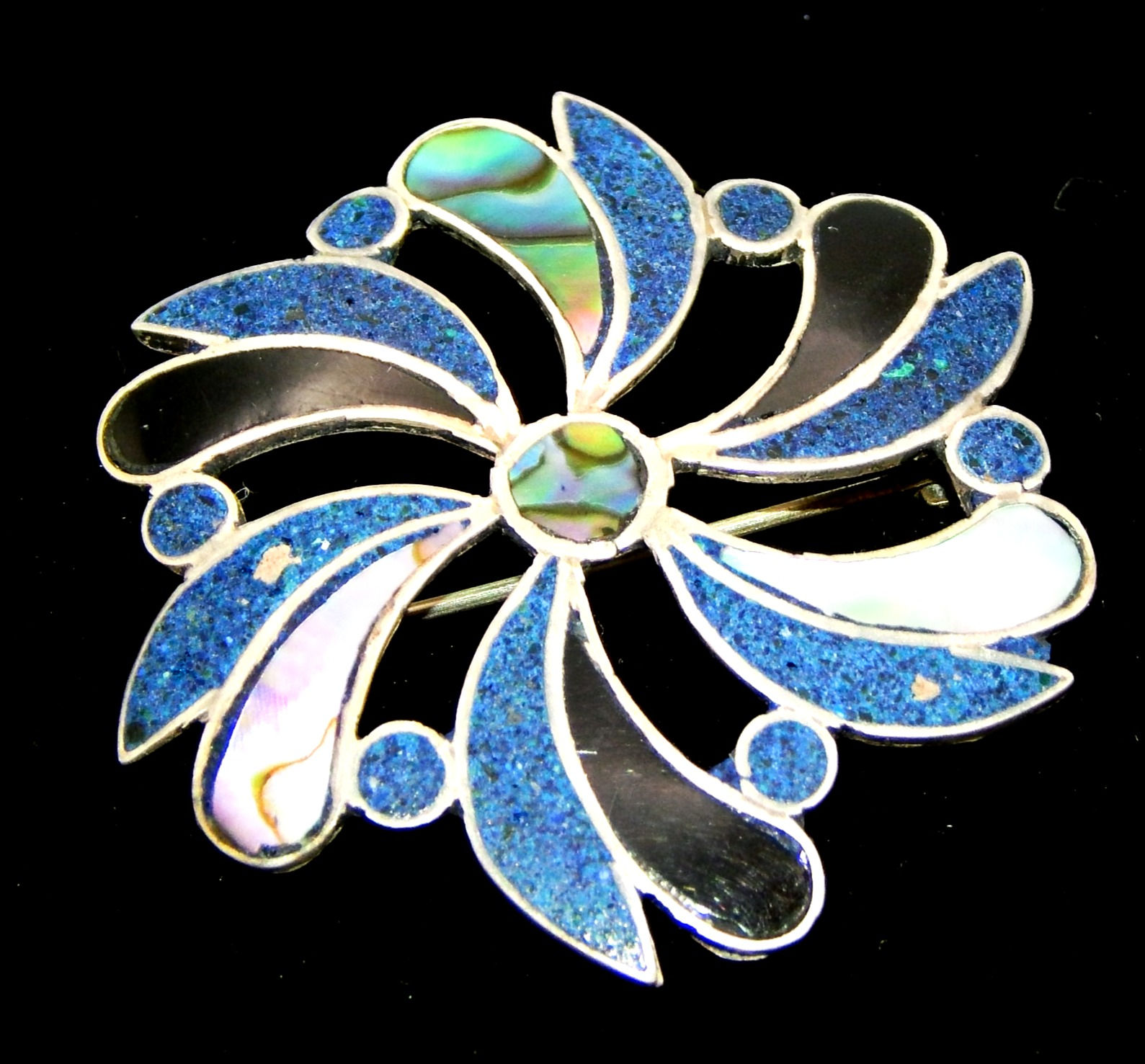 Artistic .925 Sterling Silver, Mother of Pearl & Abalone Pinwheel Pin/Pendant