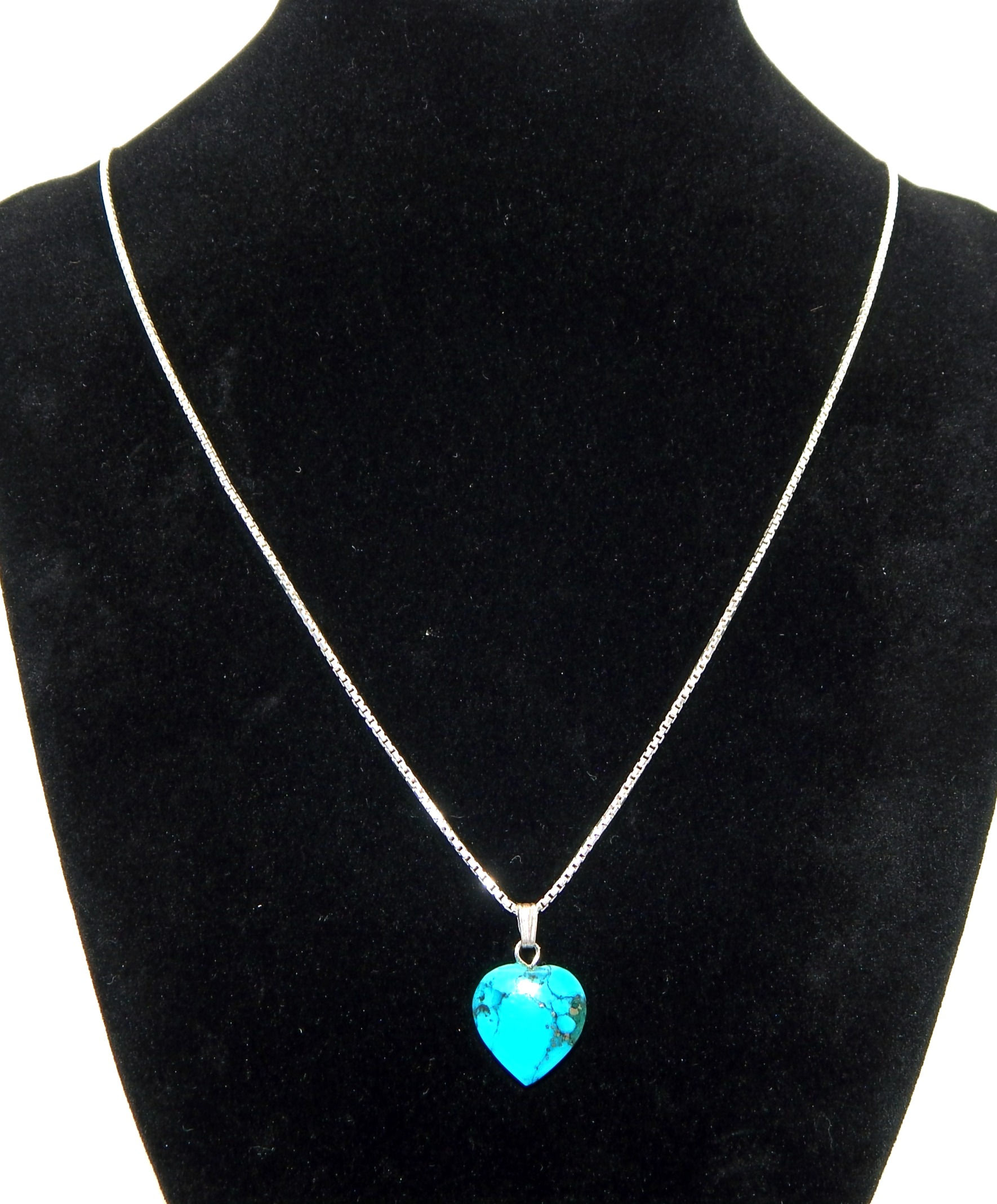 .925 Sterling Silver Box Chain Necklace with Turquoise Heart pendant