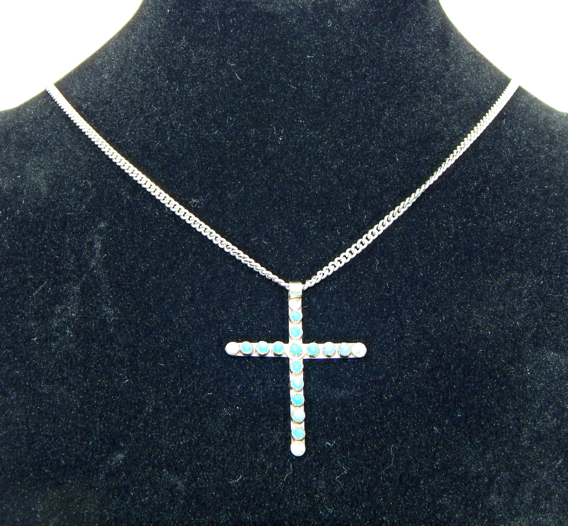 .925 Sterling Silver Curb Chain and Turquoise Beaded Silver Cross