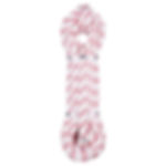 White with red flecks coil of climbing rope with manufacturers label