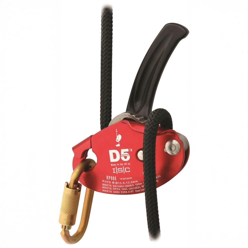 Red D5 descender with black handle with a karabiner and rope attached