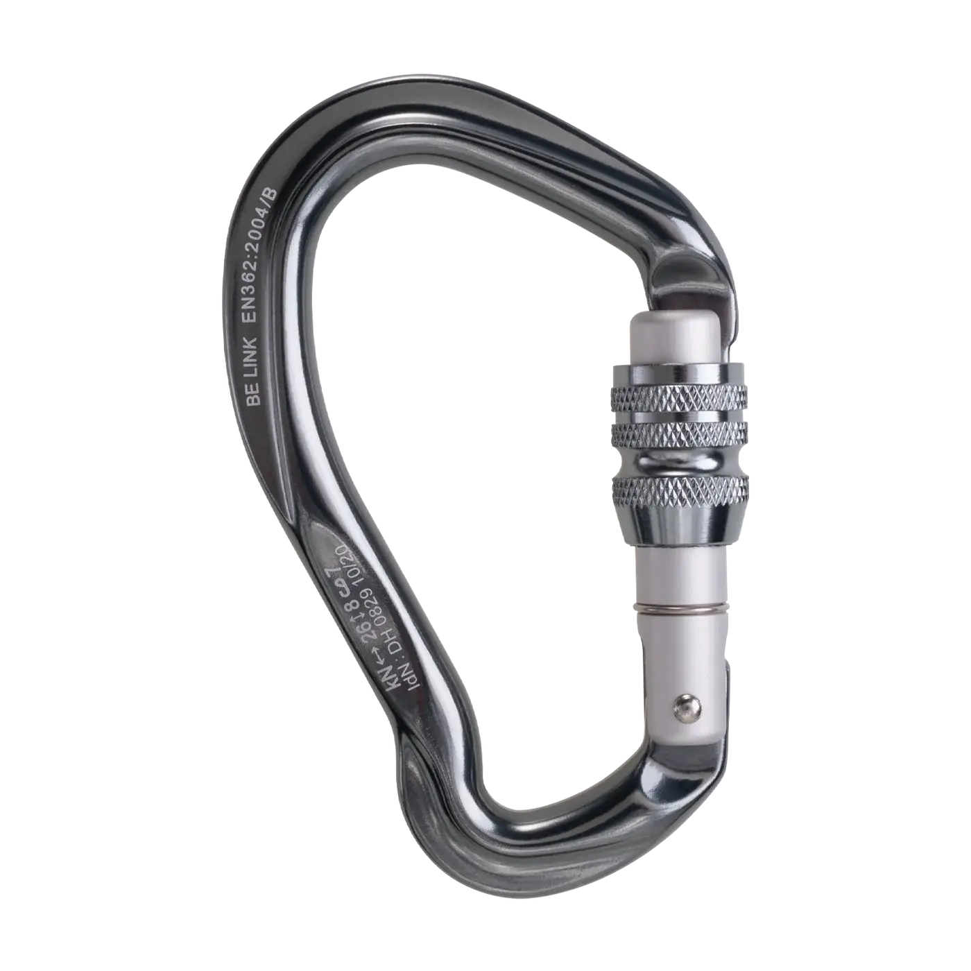 Asymmetrical aluminium screwgate karabiner for use with lanyards.