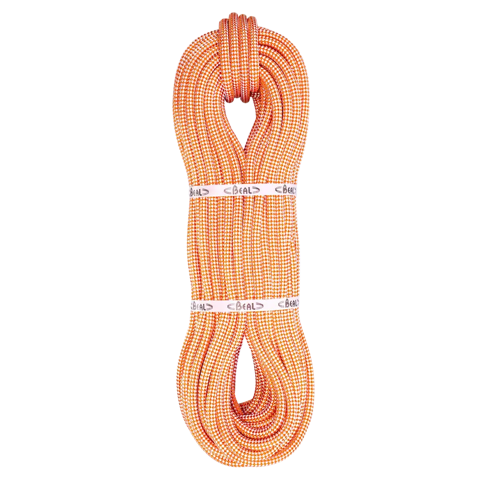 Thumbnail: Orange coil of climbing rope with manufacturers label