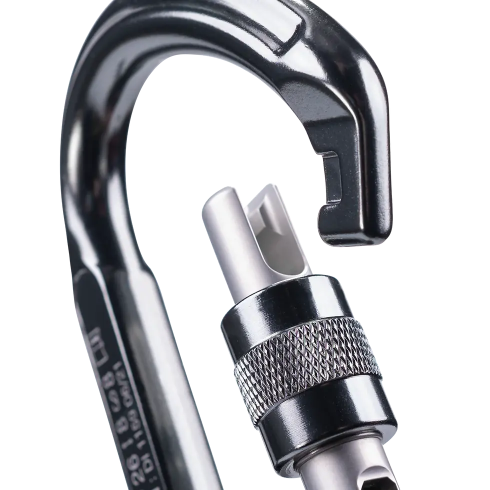 An Aluminium karabiner with its manual screw-locking system close up of the gate opening