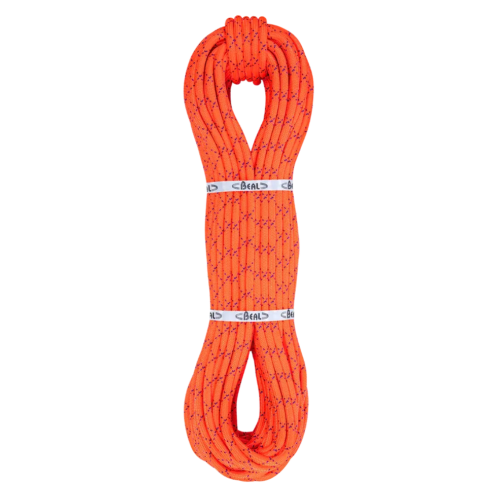 Thumbnail: Orange coil of climbing rope with manufacturers label