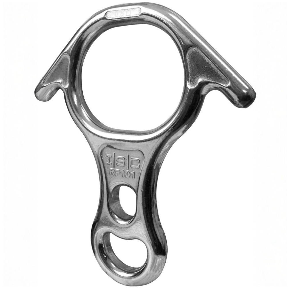 Metal descender with bigger circle at top and two smaller ones at the bottom