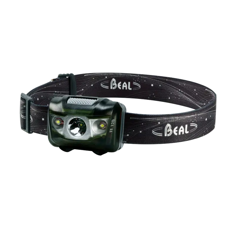 front view of a black head torch with an elasticated black strap