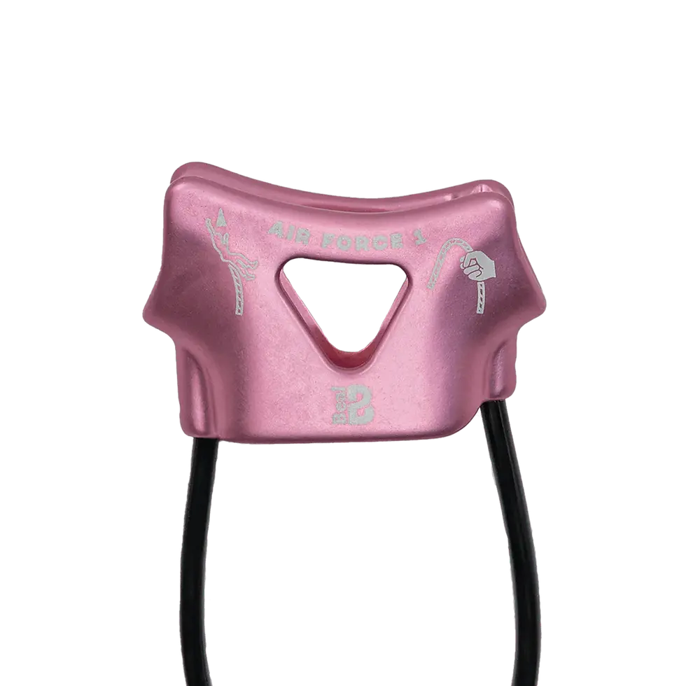 Thumbnail: Light pink belay device made of metal