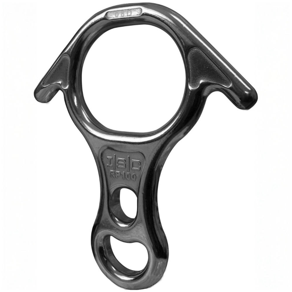 Aluminium descender with a large circle at the top and two smaller ones at the bottom. It has two wings at the sides