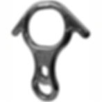 Aluminium descender with a large circle at the top and two smaller ones at the bottom. It has two wings at the sides