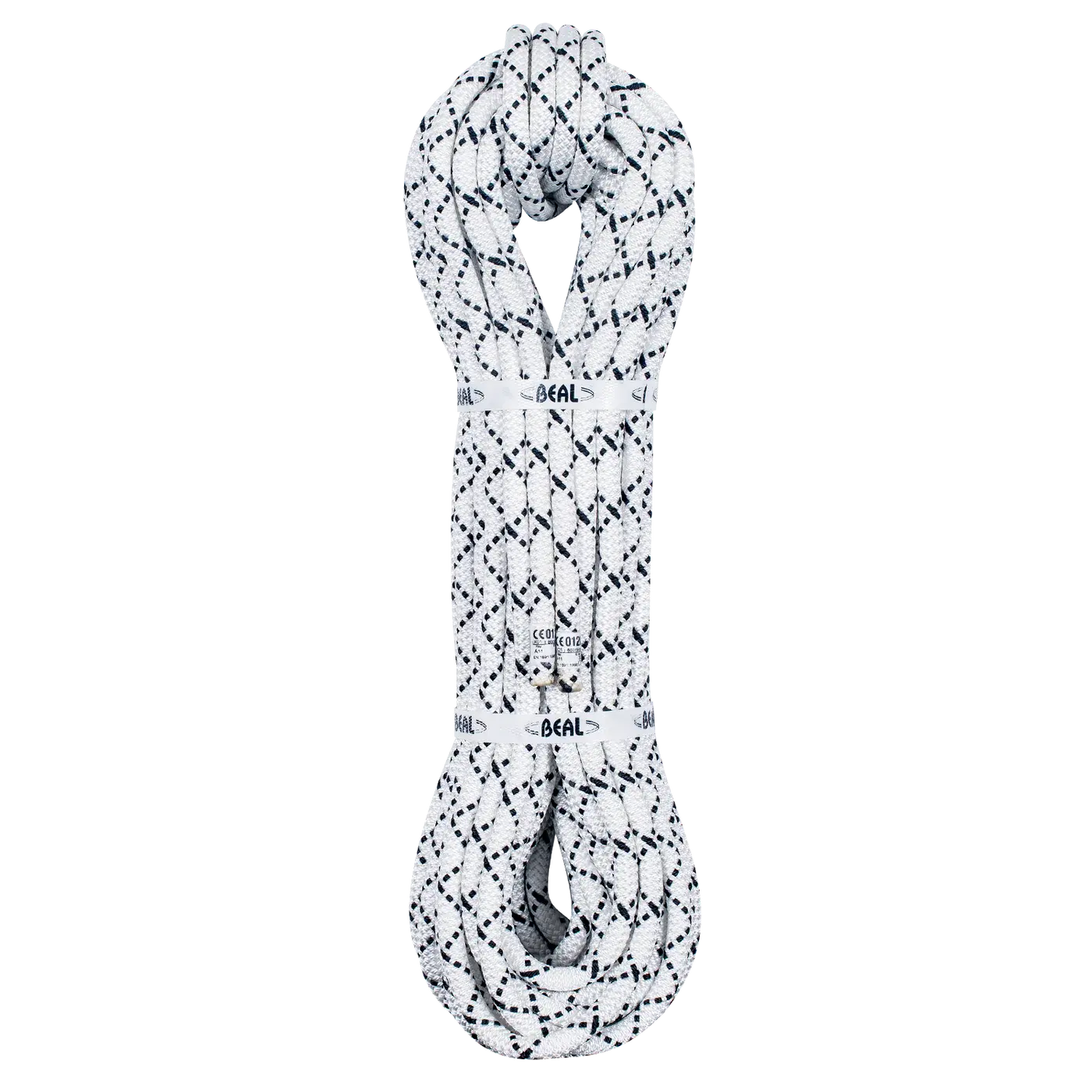 Coil of white rope with black flecks in it held together with white straps