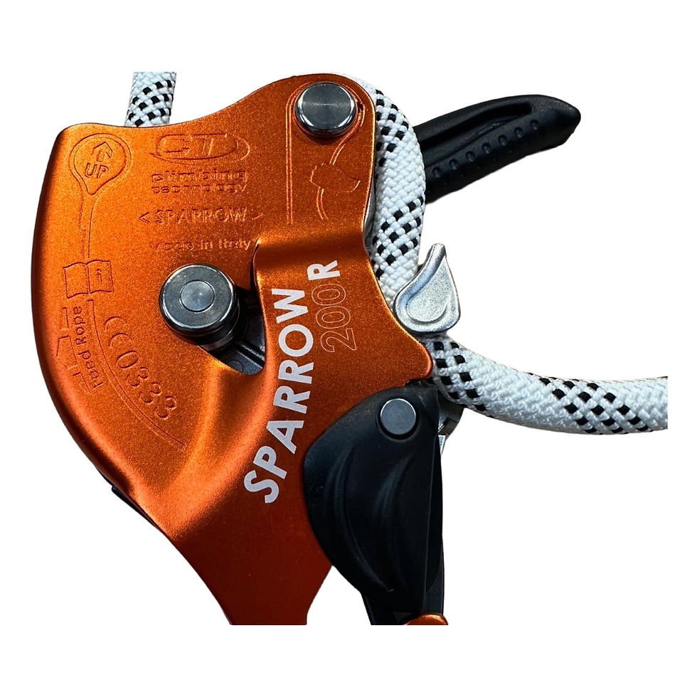 Thumbnail: Orange and black Skylotec Sparrow descender on a white rope