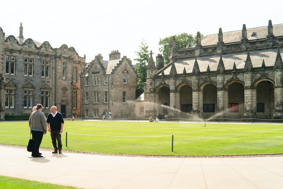 The cloisters at St Salvator’s Quad in St Andrews on a bright day.