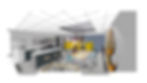 A sketched-style 3D render of an office teapoint featuring a kitchen island, pendant lights, and branded features.
