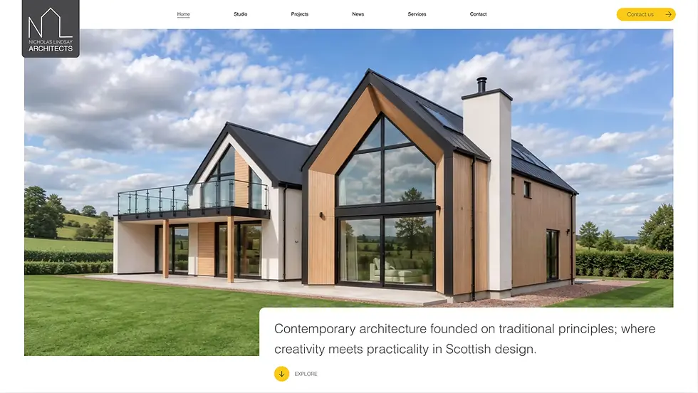 Nicholas Lindsay Architects homepage design featuring a contemporary Scottish home and minimalist navigation.