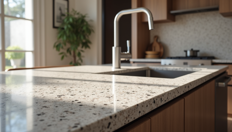 High angle view of a kitchen countertop with Sensa granite surface and modern decor