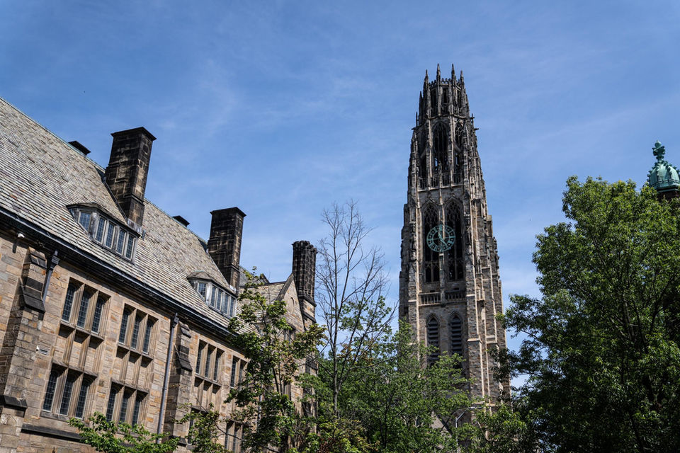 Yale campus view with Harkness Tower in the background.