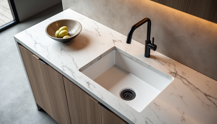 High angle view of kitchen worktoptop with Cosentina stone surface and modern sink