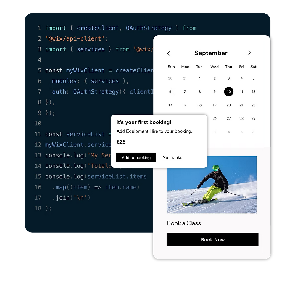 Booking system interface with a calendar, booking options and supporting code for scheduling and reservations.