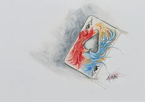 Illustration of a playing card with a central dark shape surrounded by flowing red and blue painted lines.