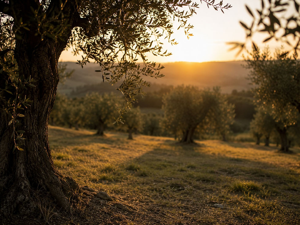 Olive trees in the Umbrian countryside during golden hour, reflecting the peaceful rhythm of slow travel in Italy