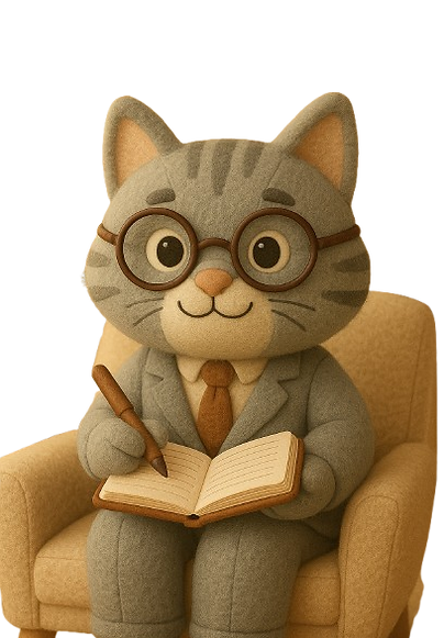 gato cinza setado em uma poltrona escrevendo