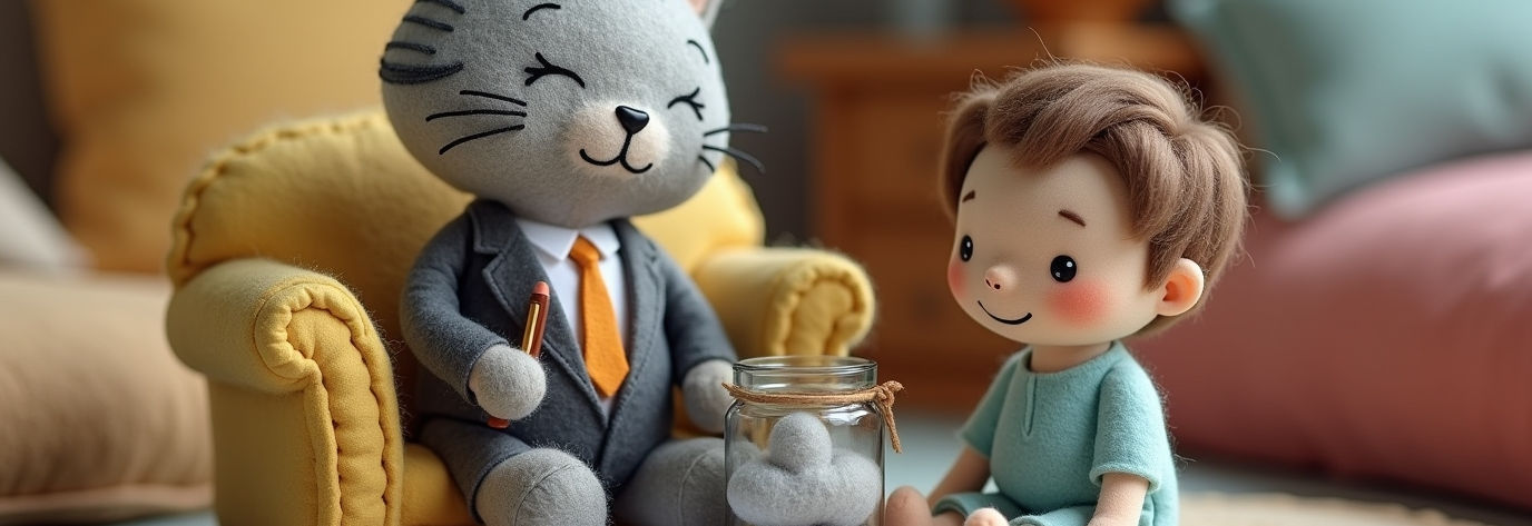 gato cinza sentado ao lado de um boneco