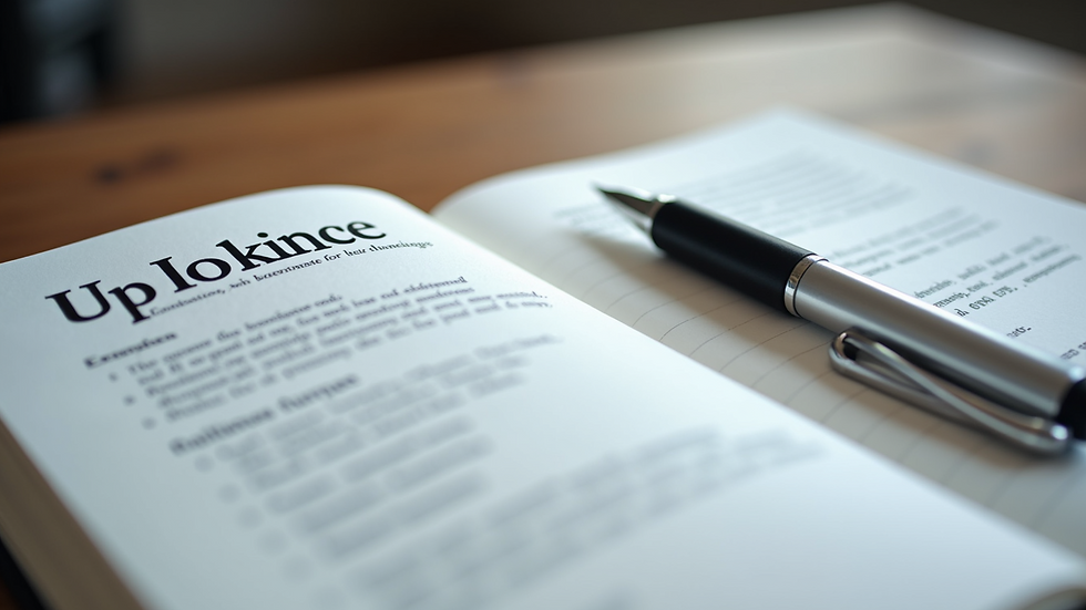High angle view of a desk with a notebook and pen for writing website policies
