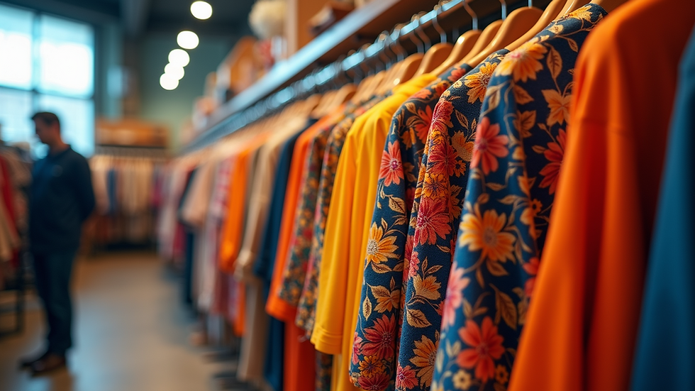Eye-level view of a vibrant clothing rack showcasing bold colors and patterns