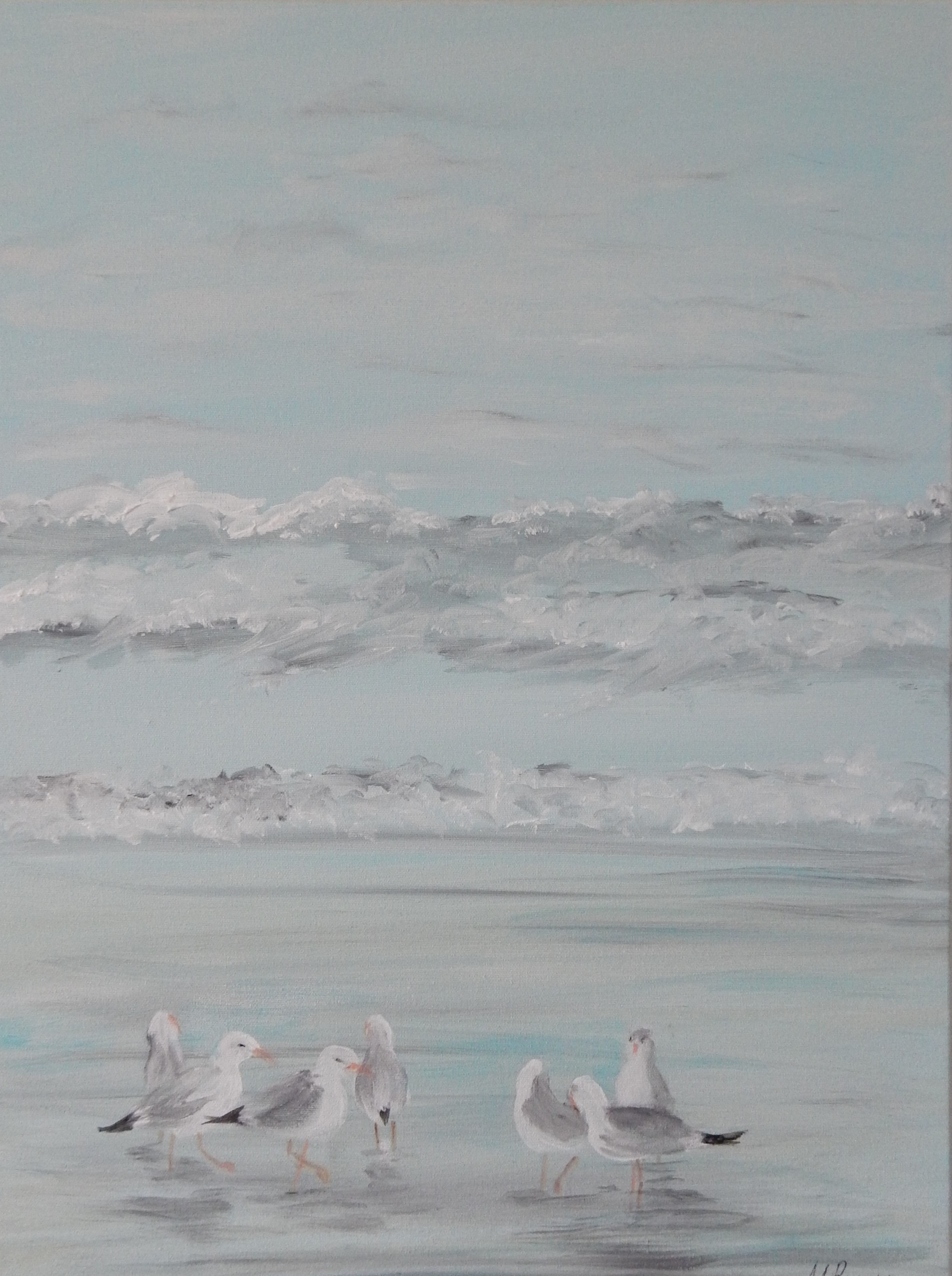 "Foggy Beach with Gulls"