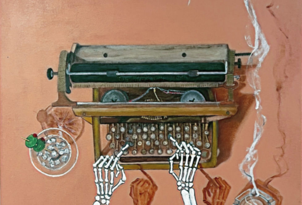 A surreal symbolic painting of skeletal hands typing on a vintage typewriter, using smoke, shadow, and still-life imagery to explore mortality, memory, and artistic expression. 

Available - inquire for details