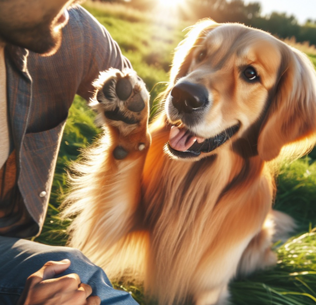 Golden Retriever dog giving a paw to human companion