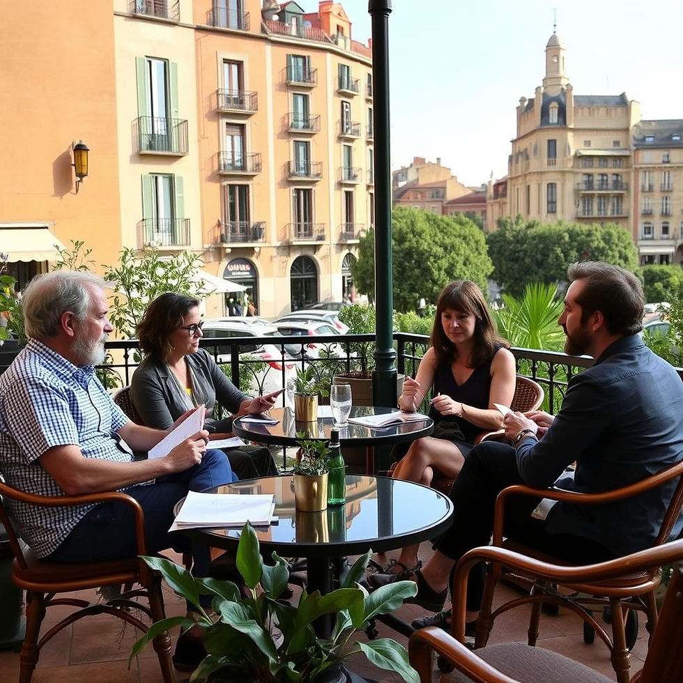 a group of American, German and Spanish writers in a private writing workshop in an outdoo