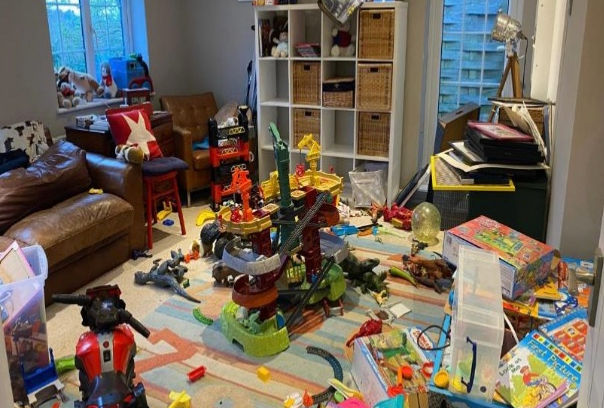 Toys and clutter in living room
