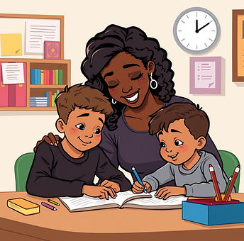 african american woman teacher with working with a student, helping with homework sitting