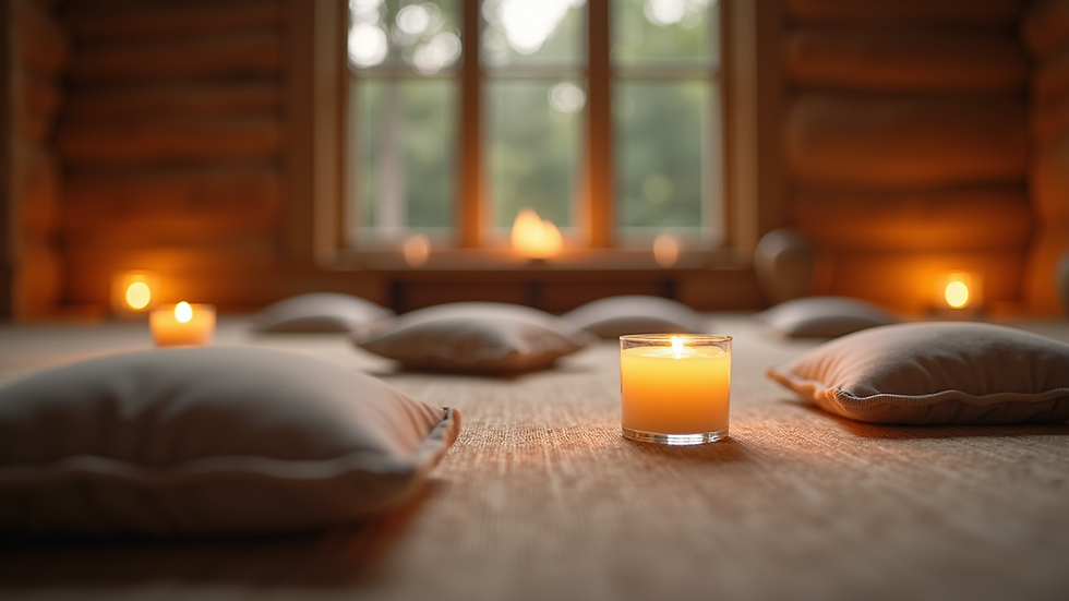 Eye-level view of a peaceful meditation space with cushions and candles