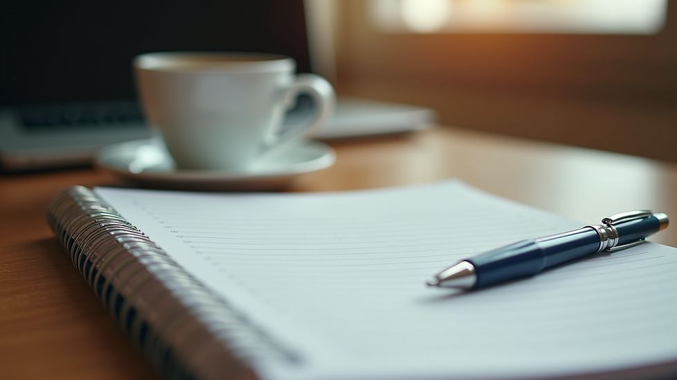 Close-up of a notebook with a pen and a cup of coffee on a desk